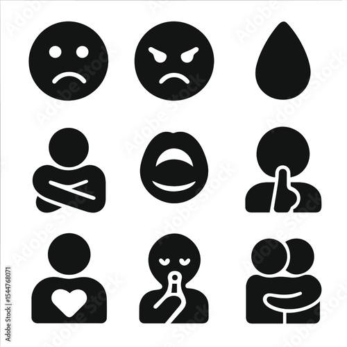 Emotional Expression Icons. Solid, filled icons set of emotional expression in friendship: sad face, angry