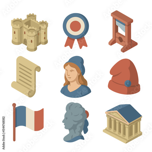 French Revolution Icons. Isometric Flat icon set of French Revolution: Bastille fortress, tricolor cockade, guillotine blade,