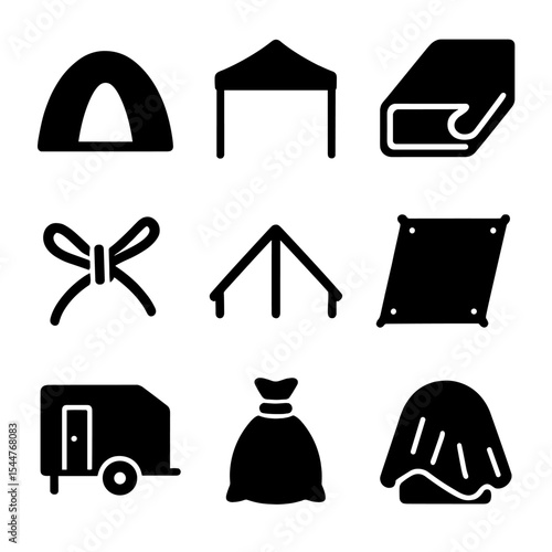 Emergency Shelter Icons. Solid, filled icons set of emergency shelter and cover: pop-up tent, relief canopy,