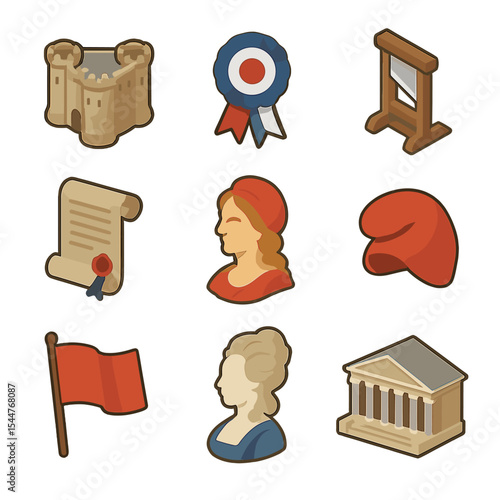French Revolution Icons. Isometric Flat icon set of French Revolution: Bastille fortress, tricolor cockade, guillotine blade,