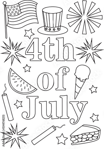4th of July Coloring Page: A festive 4th of July coloring page featuring iconic symbols like an American flag, Uncle Sam's hat, fireworks, watermelon, ice cream, firecrackers and apple pie.