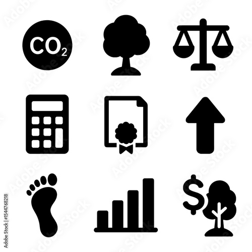 Carbon Sequestration Icons. Flat icon set of carbon sequestration: CO₂ molecule, carbon sink tree, balance scale, calculator,