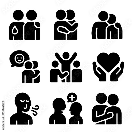 Emotional Support Icons. Solid, filled icons set of emotional support in friendship: shared tear, friend hug, shoulder to lean, supportive phrase, group uplift, caring heart, 