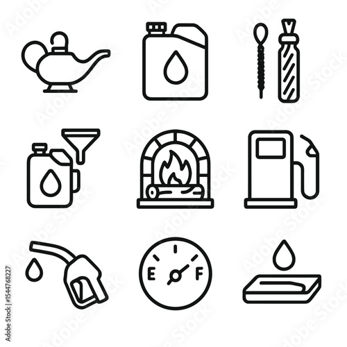 Fuel Icon Set. Outline icon set of fuel types and maintenance: lamp oil can, paraffin container, wick replacement, fuel pump,