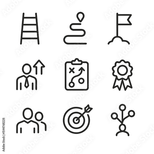 Career Path Icons. Outline icon set of career path and succession planning: ladder steps, roadmap, milestone flag, promotion arrow