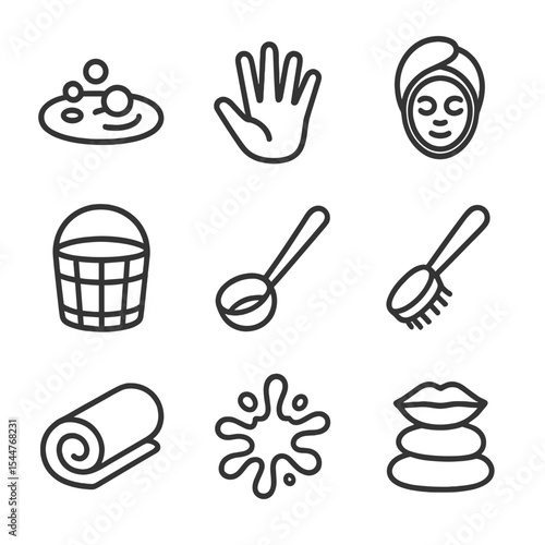 Mud Spa Icons. Outline icon set of mud pools and baths: bubbling mud, mud handprint, clay mask, wooden bucket, ladle, cleansing