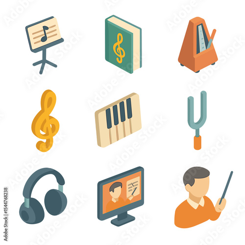 Music Education Icons. Isometric Flat icon set of Music Education and Learning: sheet music stand, music theory book, metronome,