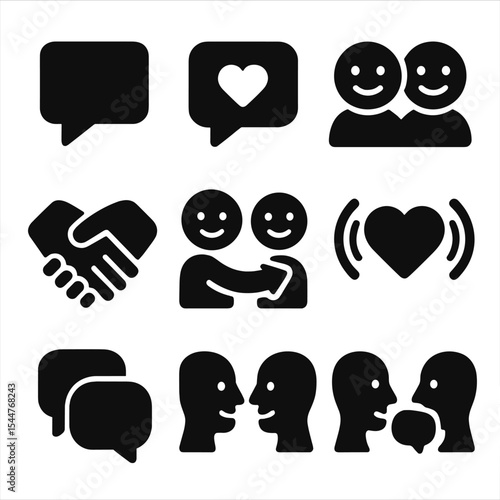 Emotional Interaction Icons. Solid, filled icons set of emotional interactions: chat bubble, warm word, shared
