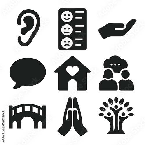 Empathy Icon Set. Solid, filled icons set of building empathy across generations: listening ear, emotion chart
