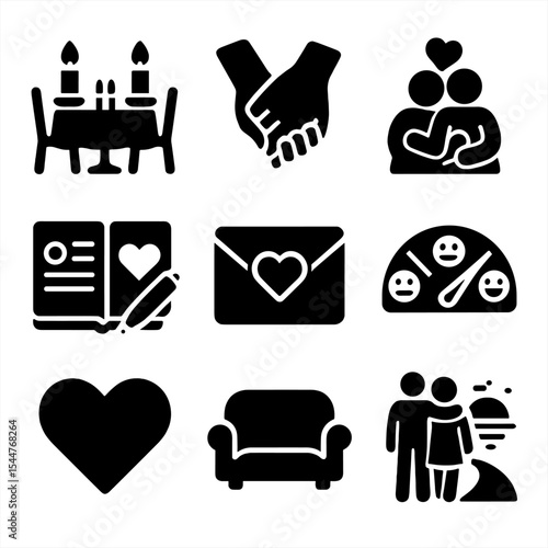 Emotional Intimacy Icons. Solid, filled icons set of emotional intimacy development: candlelight dinner,