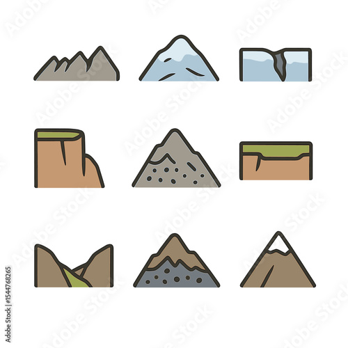 Mountain Terrain Icons. Flat icon set of mountain terrain features: ridge, glacier, crevasse, cliff, scree, plateau, valley,