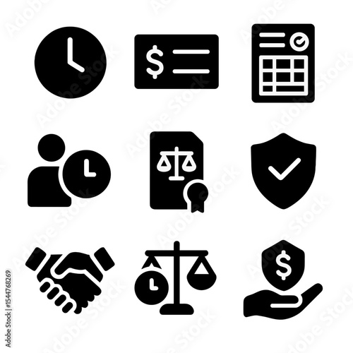Employment Icons Grid. Solid, filled icons set of wage and hour regulations: clock icon, paycheck icon, time card, working hours, legal doc, 