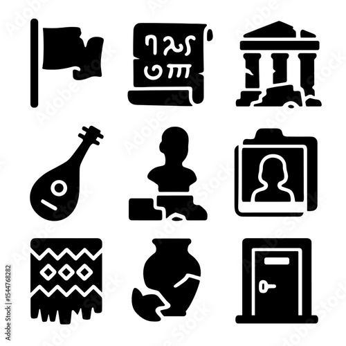 Endangered Cultural Icons. Solid, filled icons set of endangered cultural symbols: torn flag, forgotten script