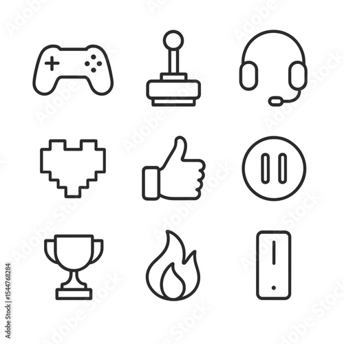 Gaming Icon Set. Outline icon set of gaming spoof reviews: game controller, joystick, headset, pixel heart, thumbs-up icon, pause