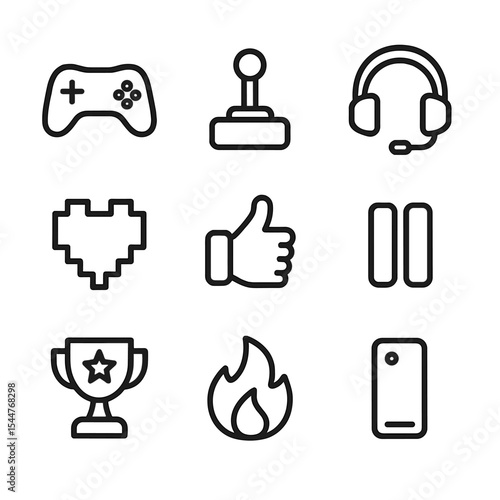 Gaming Icon Set. Outline icon set of gaming spoof reviews: game controller, joystick, headset, pixel heart, thumbs-up icon, pause