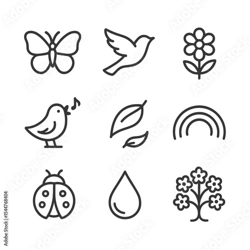 Nature's Joy Icons. Outline icon set of nature’s joy: butterfly, bird in flight, blooming flower, chirping bird, fluttering leaf,
