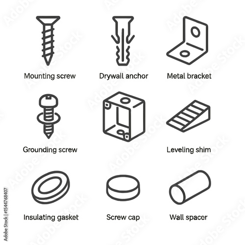 Installation Icon Set. Outline icon set of installation components: mounting screw, drywall anchor, metal bracket, electrical box,