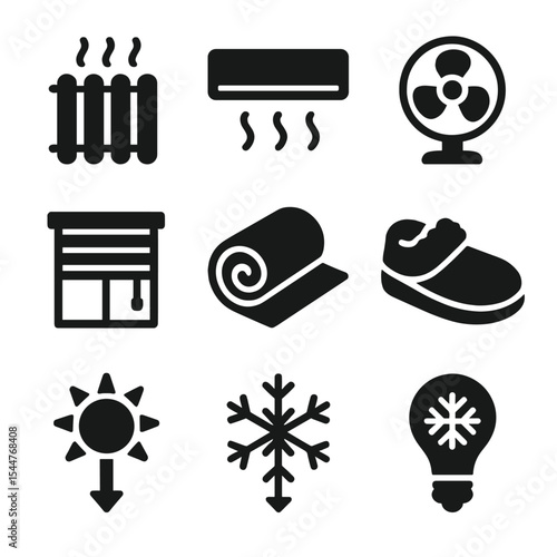 Energy Savings Icons. Solid, filled icons set of heating and cooling savings: heater icon, air conditioner, fan icon, window shade, 