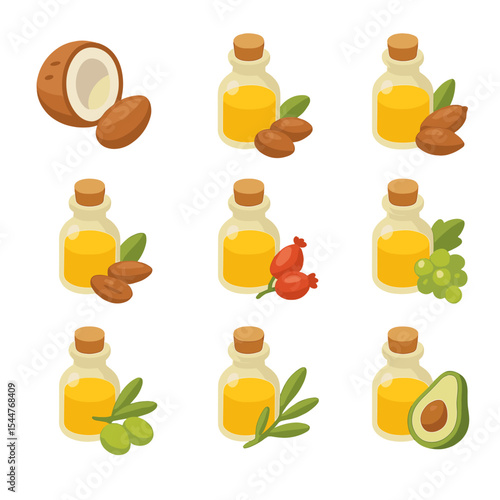 Natural Oils Icon Set. Isometric Flat icon set of natural oils for skincare: coconut oil, argan oil, jojoba oil, almond oil,