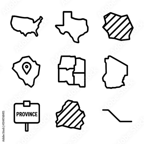 Geographical Division Icons. Outline icon set of geographical divisions: country outline, state border, city zone, district marker