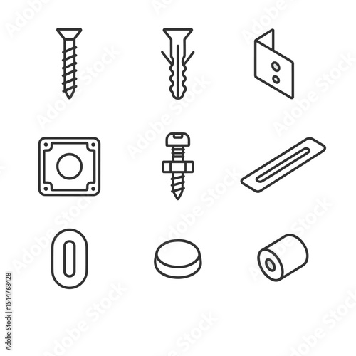 Installation Icon Set. Outline icon set of installation components: mounting screw, drywall anchor, metal bracket, electrical box,