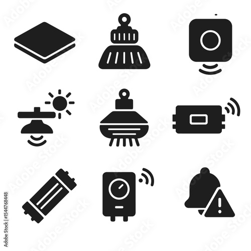 Energy-Saving Lighting Icons. Solid, filled icons set of commercial energy-saving lighting: panel LED, high