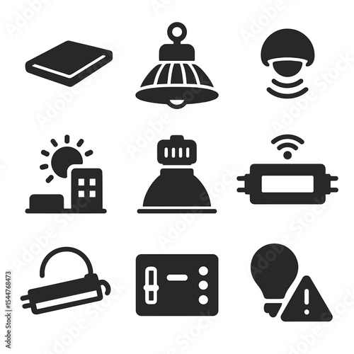 Energy-Saving Lighting Icons. Solid, filled icons set of commercial energy-saving lighting: panel LED, high