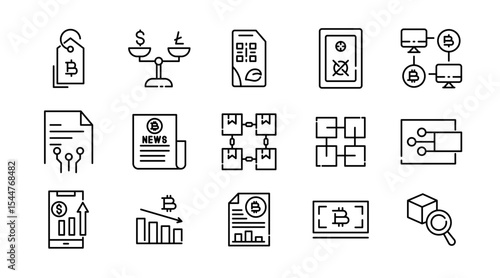 Crypto ledger linear icon set. Blockchain, finance, coin, digital currency, mining, bitcoin, exchange, cybersecurity, distribution, currency, wallet, outline vector icon set. UI thin line icon pack.