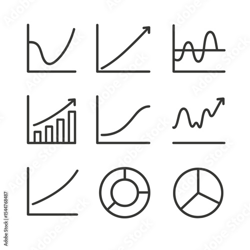 Investment Icons Set. Outline icon set of investment strategies graphs: value investing trend, growth investing line, momentum
