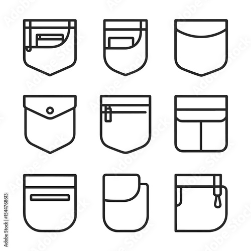 Jean Pocket Icons. Outline icon set of jean pocket variations: classic five-pocket, coin pocket, patch pocket, flap pocket, zip