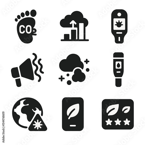 Environmental Monitoring Icons. Solid, filled icons set of environmental monitoring tools: carbon footprint,