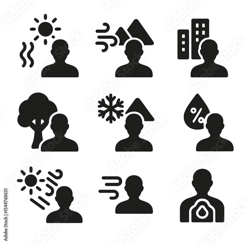 Environmental Body Heat Icons. Solid, filled icons set of environmental effects on body heat: desert sun,
