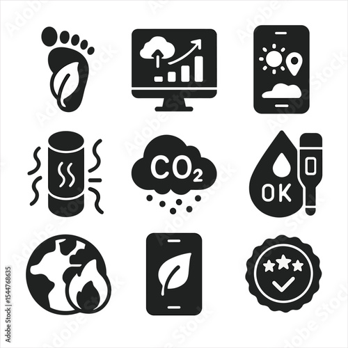 Environmental Monitoring Icons. Solid, filled icons set of environmental monitoring tools: carbon footprint,