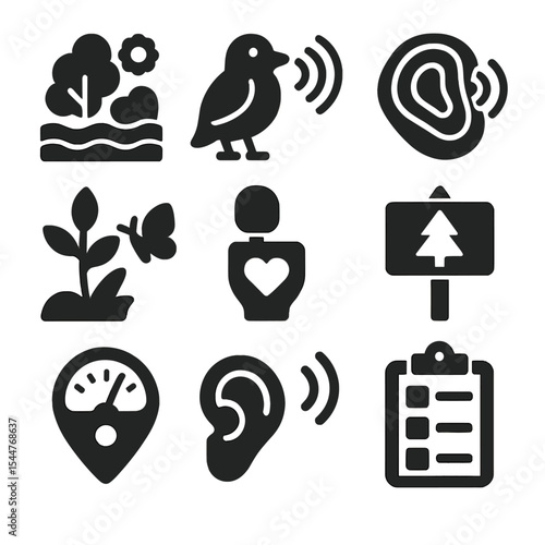 Environmental Sound Icons. Solid, filled icons set of environmental noise assessment: ecosystem icon, wildlife