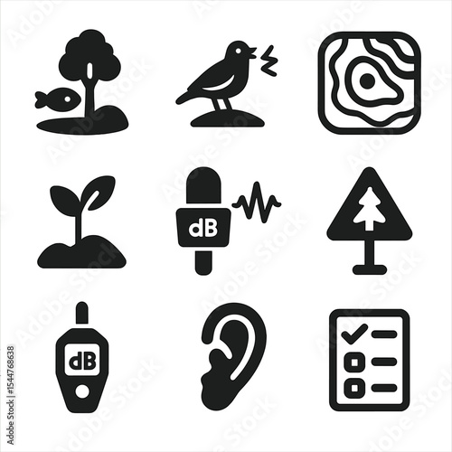 Environmental Sound Icons. Solid, filled icons set of environmental noise assessment: ecosystem icon, wildlife