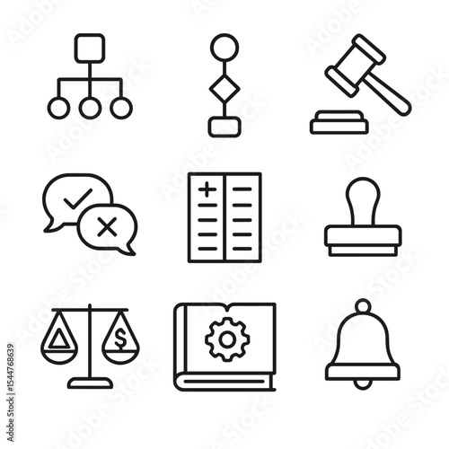 Governance Tool Icons. Outline icon set of decision-making and governance tools: decision tree, flowchart nodes, meeting gavel,