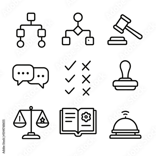 Governance Tool Icons. Outline icon set of decision-making and governance tools: decision tree, flowchart nodes, meeting gavel,
