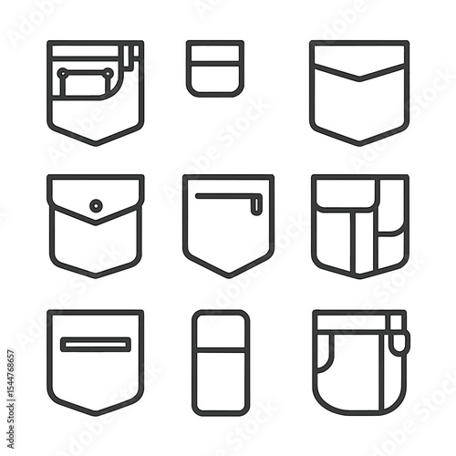 Jean Pocket Icons. Outline icon set of jean pocket variations: classic five-pocket, coin pocket, patch pocket, flap pocket, zip