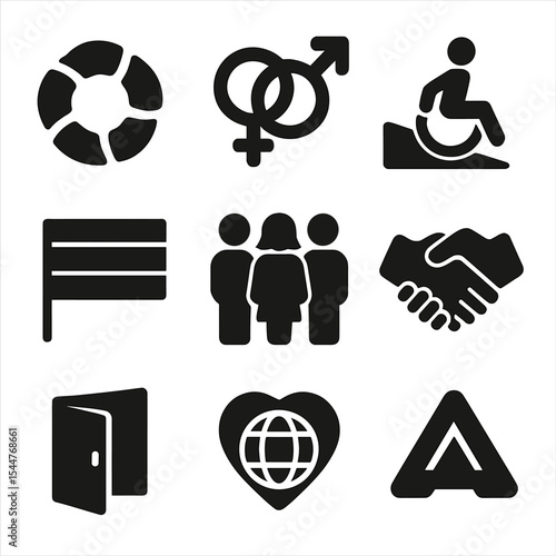 Equality Icons Grid. Solid, filled icons set of equality and inclusion efforts: inclusive circle, gender
