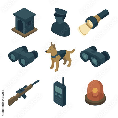 Nighttime Sentry Icons. Isometric Flat icon set of nighttime sentry and watch: sentry post, guard silhouette, flashlight beam,