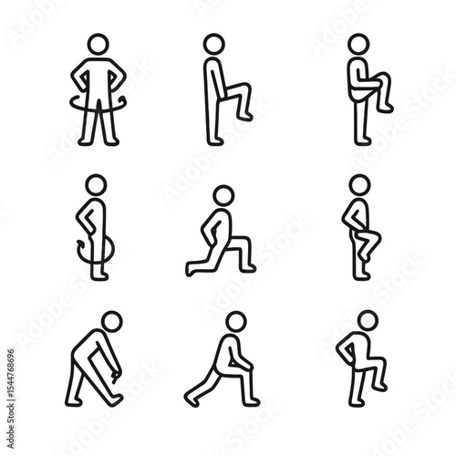 Joint Mobility Icon Set. Outline icon set of joint mobility drills: hip circles, leg swings, knee hugs, ankle rolls, lunging hip