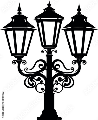 Vintage threelamp lamppost with intricate ornate design rendered in silhouette Vector  