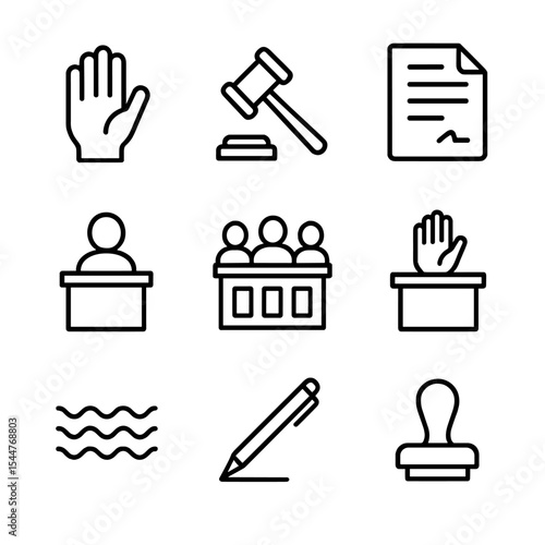 Jury Oath Icon Set. Outline icon set of jury oath: raised hand, gavel, oath document, witness stand, judge bench, oath podium,
