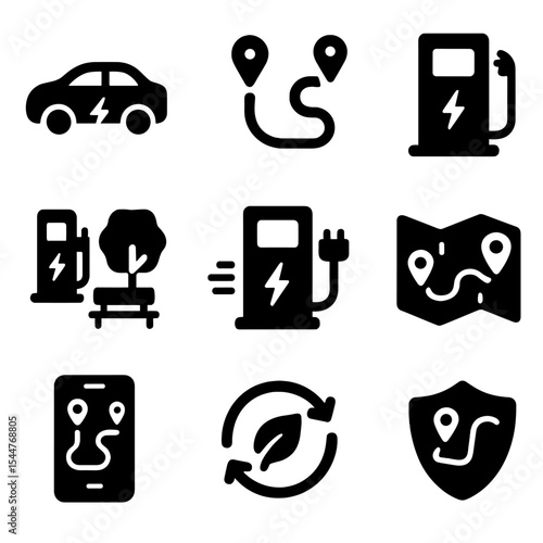 EV Travel Icons. Solid, filled icons set of EV travel and charging: electric car, travel route, EV charger icon, rest stop, 