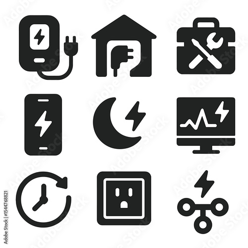 EV Charging Icons. Solid, filled icons set of EV charging at home: wallbox charger, garage plug, installation