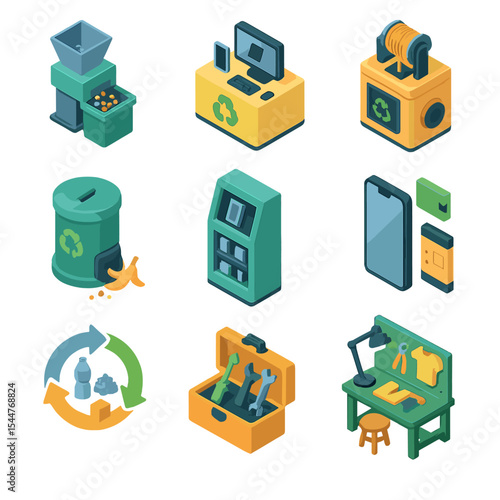 Circular Economy Icons. Isometric Flat icon set of circular economy and recycling tech: plastic shredding machine, e-waste sorter,