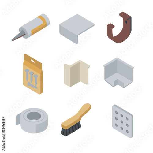 Gutter Repair Icon Set. Isometric Flat icon set of gutter maintenance and repair supplies: sealant tube, patch piece, replacement