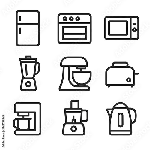 Kitchen Appliance Icons. Outline icon set of kitchen appliances: refrigerator, oven, microwave, blender, stand mixer, toaster,