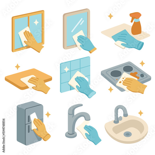 Cleaning Task Icons. Isometric Flat icon set of paper towel cleaning tasks: window wiping, mirror cleaning, surface sanitizing,