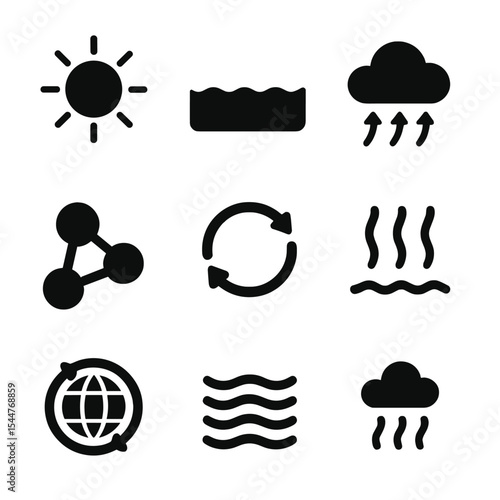 Evaporation Cycle Icons. Solid, filled icons set of water cycle evaporation stage: sun icon, lake surface,